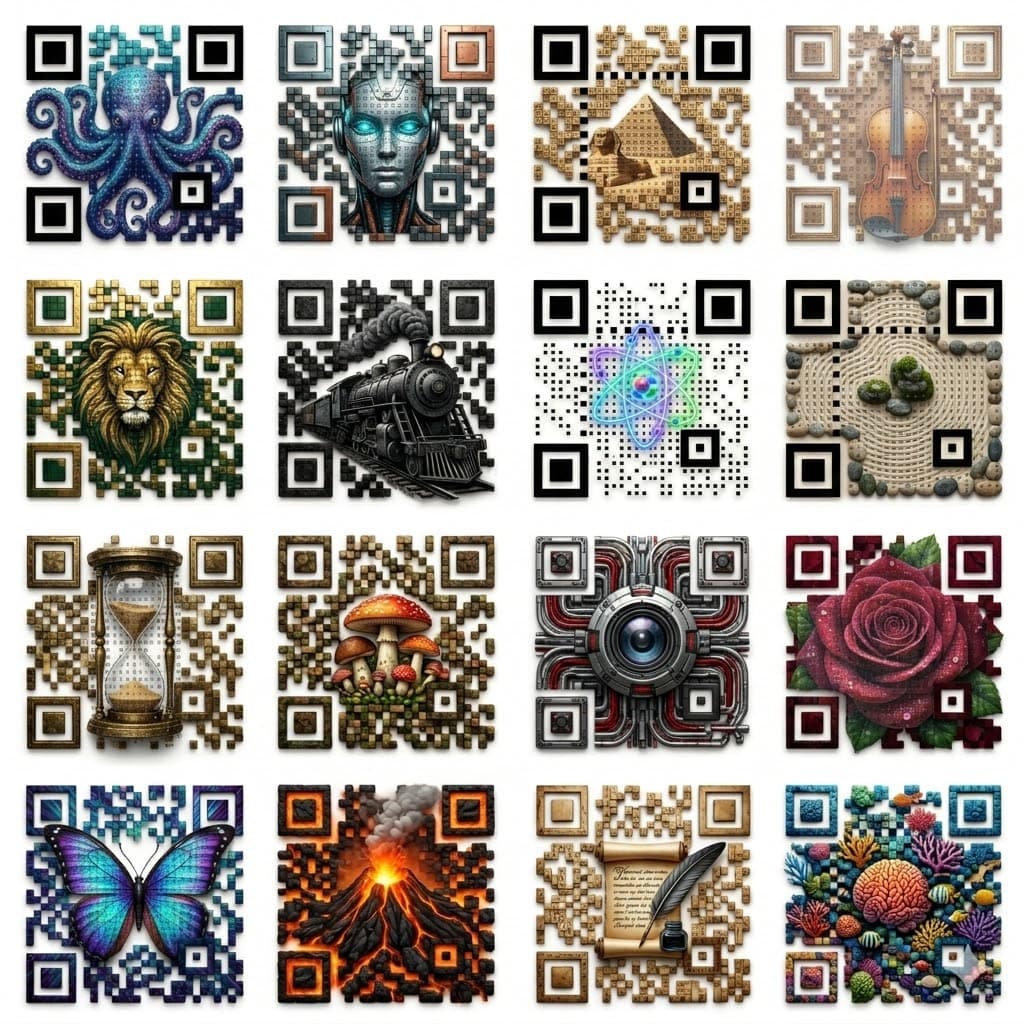 QRON gallery — sixteen cryptographically-signed AI artworks: octopus, lion, locomotive, violin, pyramid, butterfly, volcano, rose, mushroom, lens, hourglass, parchment, coral and more